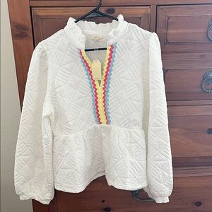JODIFL White Quilted Peplum Blouse with Yellow, Pink, Blue and Green Rickrack
